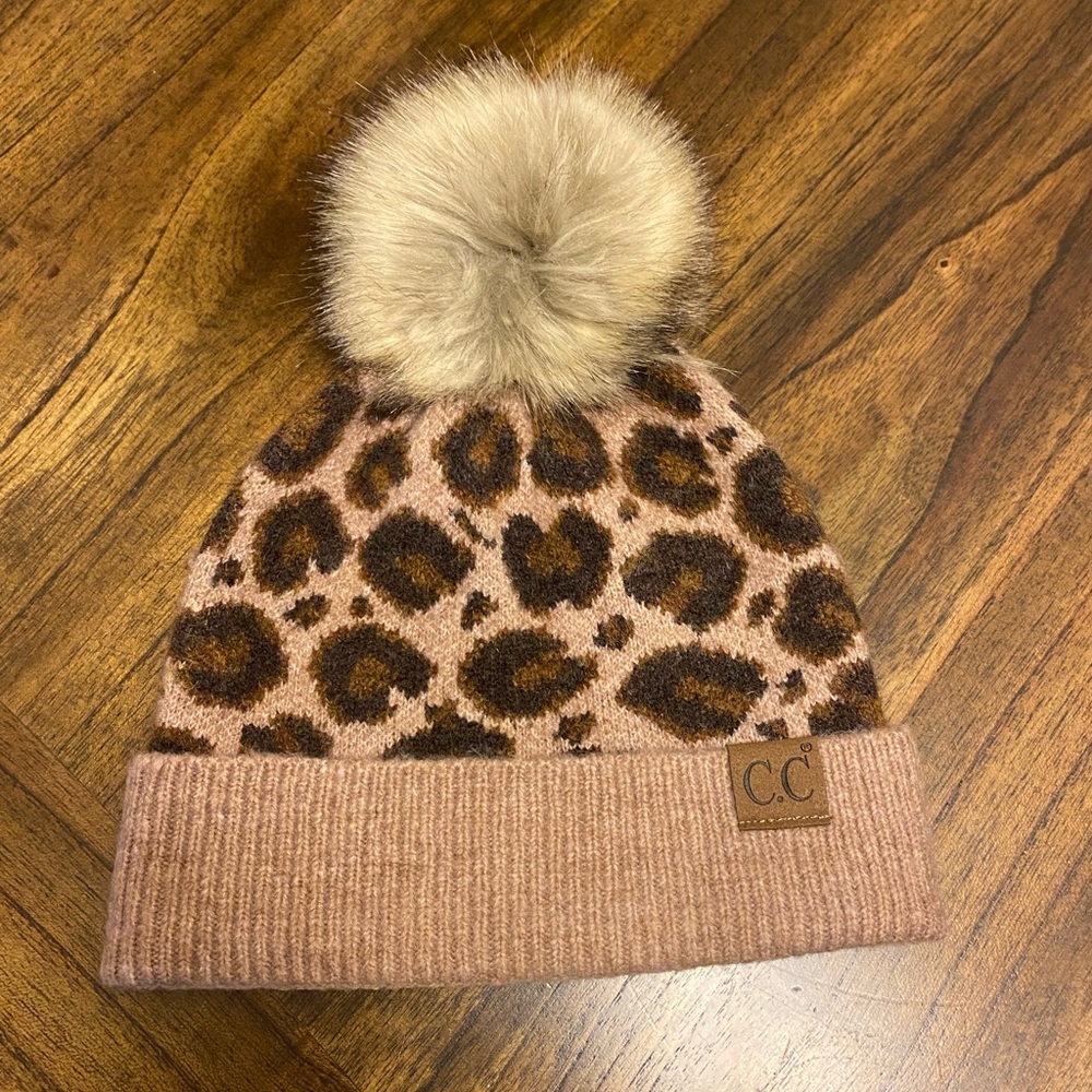 C.C Leopard Print Taupe Faux Fur Pom Beanie